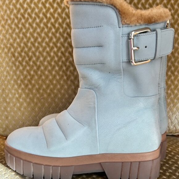 Free People Fable Faux Fur Leather Sky Blue Suede Platform Lug Sole Boots NEW - Picture 5 of 16